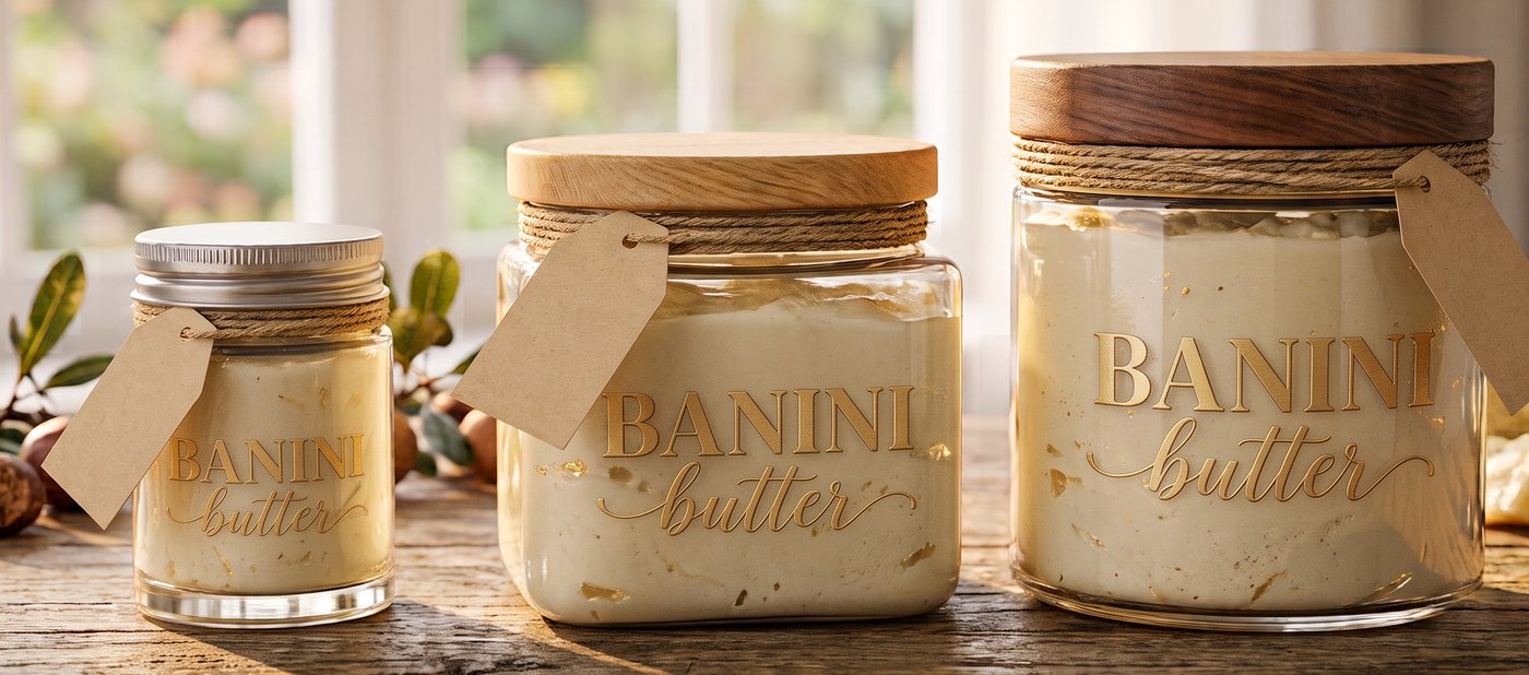 The 50ml, 300ml and 600ml jars side by side on a wooden table